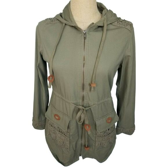 Sundance Tunic Jacket XS Green Full Zip Crochet Trim Pockets Hooded Drawstring - Picture 1 of 6